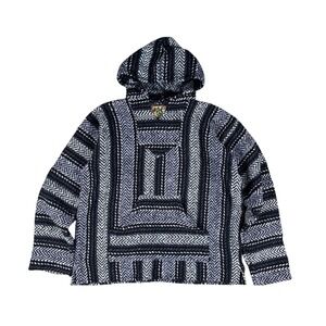 Baja Joe Hoodie Men's Medium Black Gray Purple Woven Baja Pullover Surf Boho